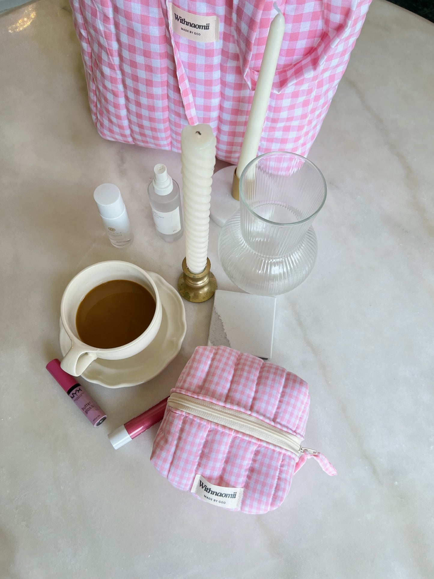 Mini gingham pink makeup bag