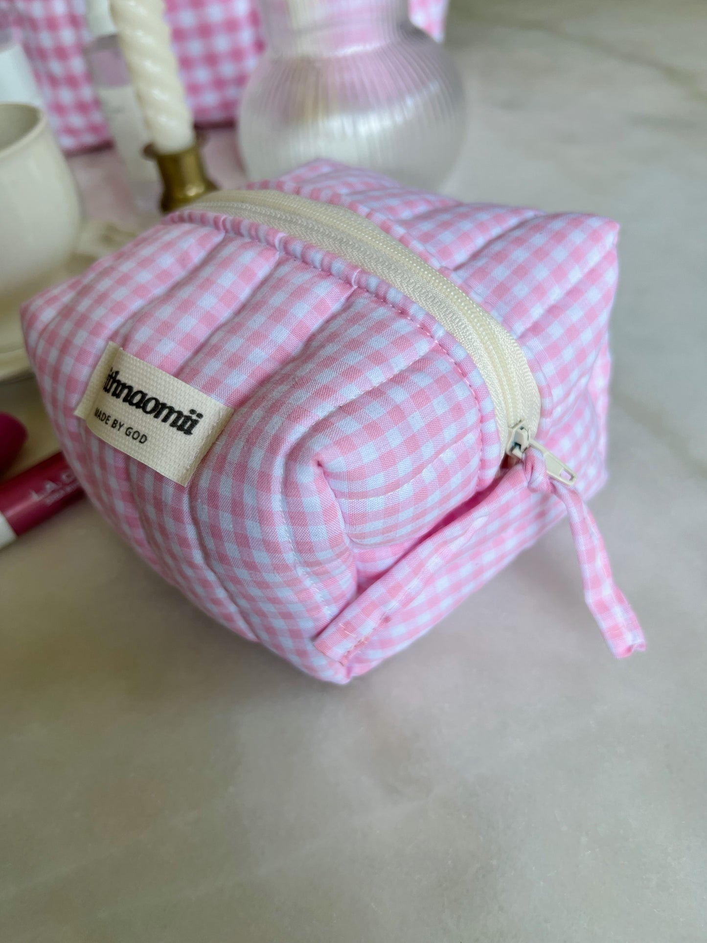 Mini gingham pink makeup bag