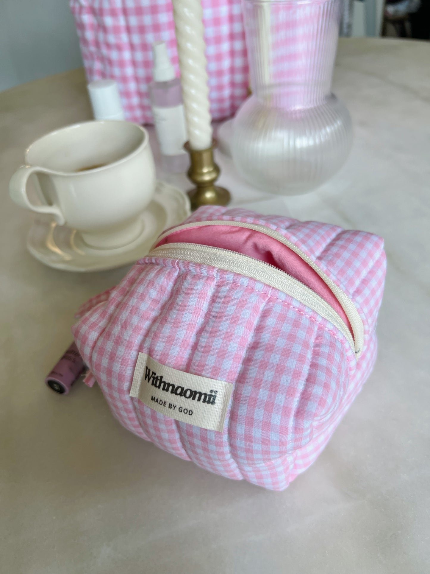 Mini gingham pink makeup bag