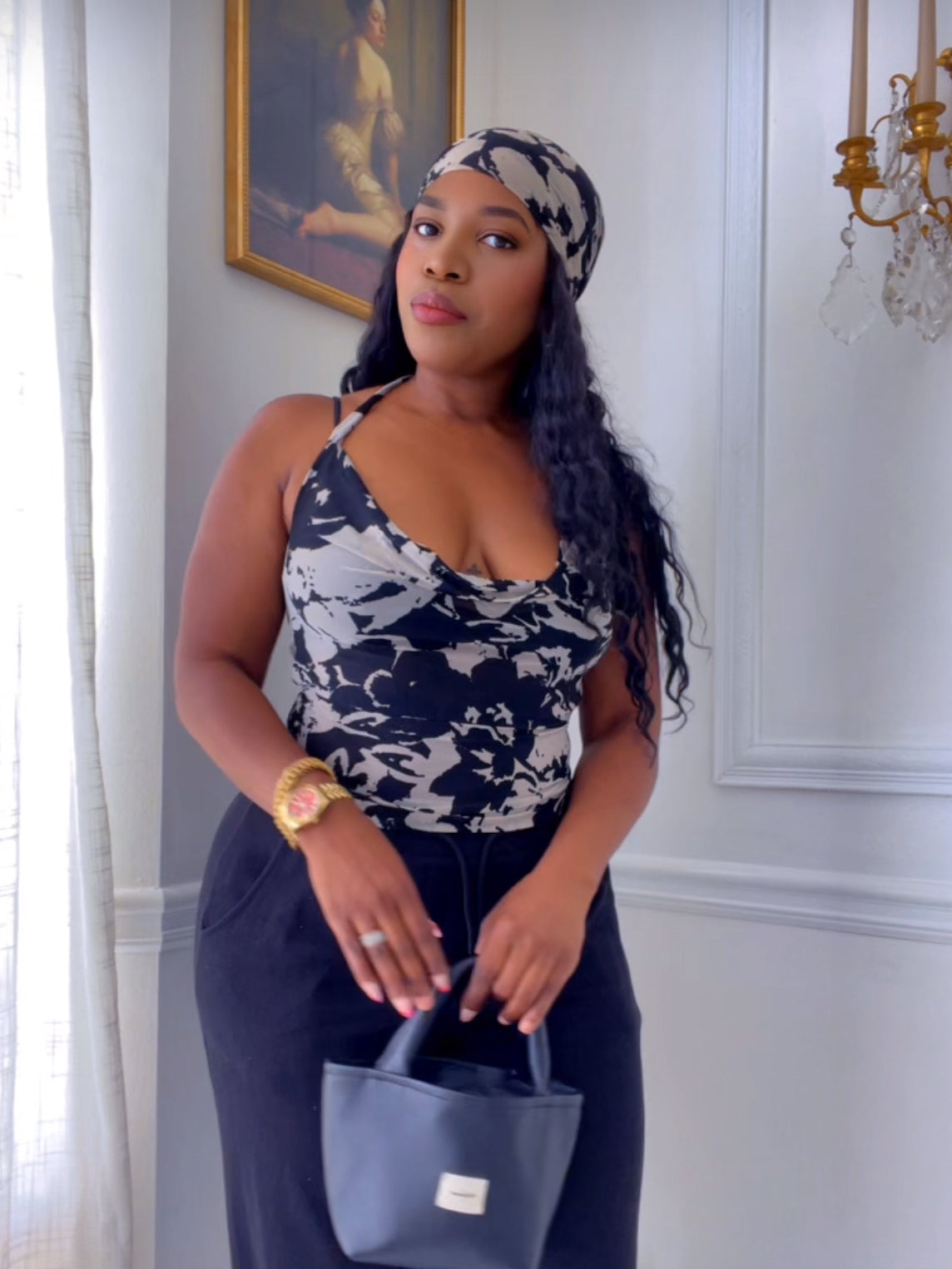 The undone mesh print halter top & scarf set