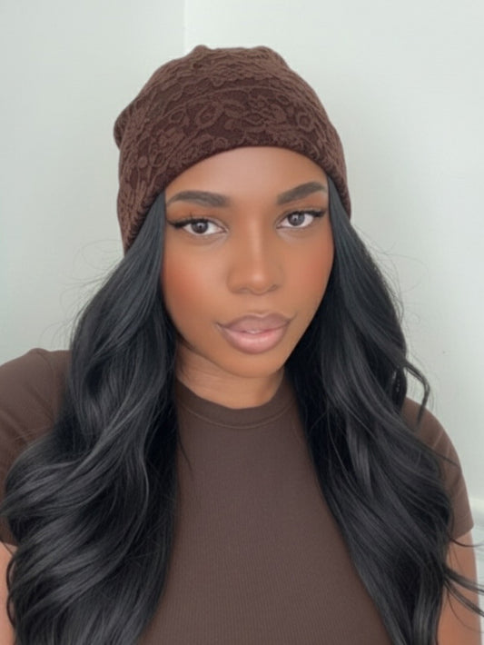 Dreamy lace handmade beanie | brown