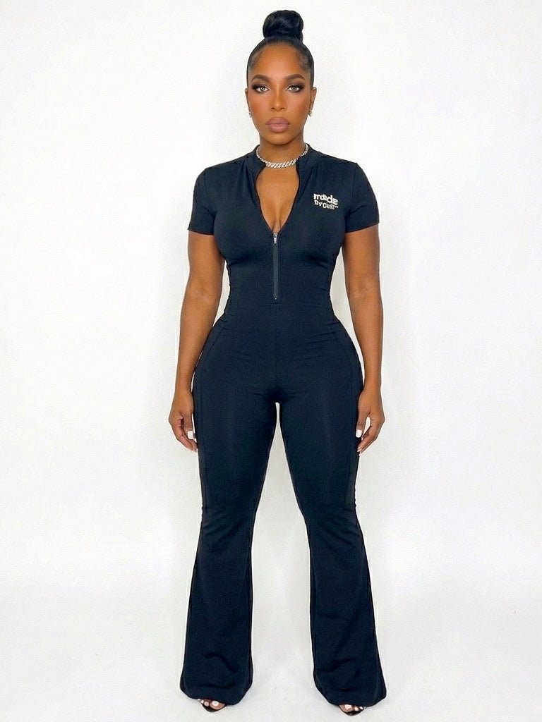 Weekend Runs Women’s Tight Flared Leg Quarter-Zip Jumpsuit